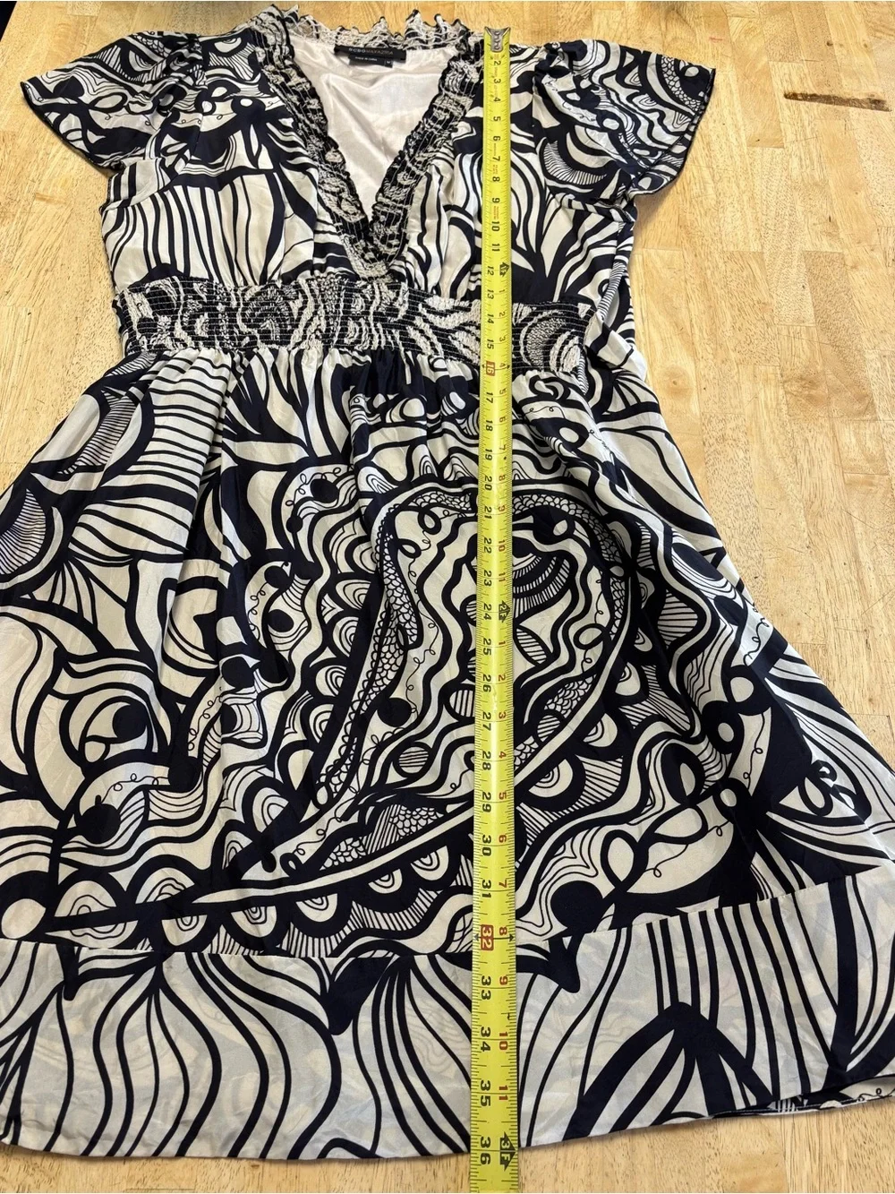 BCBGMaxAzria Black and Cream V-Neck Smocked-Waist Midi Dress - Picture 5 of 5